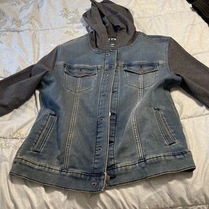 Boys Jean jacket with material sleeves and hood